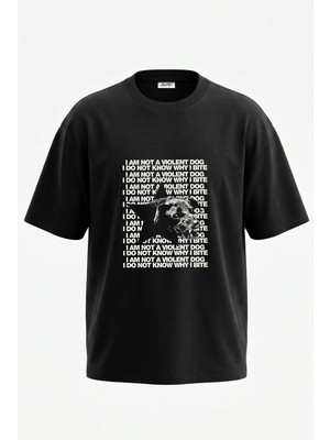 Anetos Growling Dog Tasarım Sırt Baskılı Pamuk Siyah Oversize T-Shirt