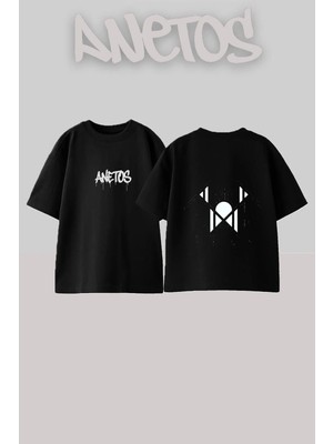 Anetos Geometric Mask Tasarım Sırt Baskılı Pamuk Siyah Oversize T-Shirt