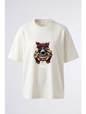 Anetos Horror Eyeball Skeleton Tasarım Sırt Baskılı Pamuk Beyaz Oversize T-Shirt