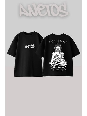 Anetos Buddha Meditation Tasarım Sırt Baskılı Pamuk Siyah Oversize T-Shirt