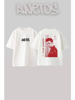 Anetos Fight Club Tyler Durden Vintge 90S Retro Sinema Serisi Sırt Baskılı Oversize Beyaz T-Shirt
