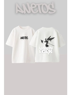Anetos Linkin Park 1 Tasarım Sırt Baskılı Pamuk Beyaz Oversize T-Shirt