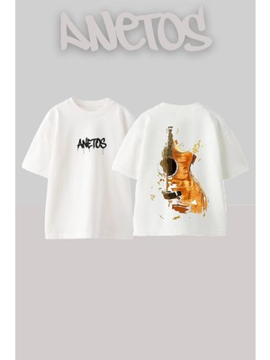 Anetos Abstract Guitar Tasarım Sırt Baskılı Pamuk Beyaz Oversize T-Shirt