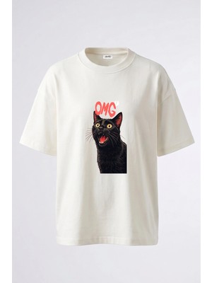 Anetos Omg Cat Tasarım Sırt Baskılı Pamuk Beyaz Oversize T-Shirt