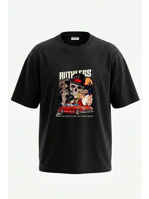 Anetos Kuru Kafa Gangster Tasarım Sırt Baskılı Pamuk Siyah Oversize T-Shirt