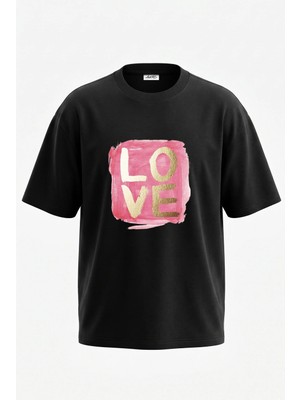 Anetos Love Watercolor Tasarım Sırt Baskılı Pamuk Siyah Oversize T-Shirt