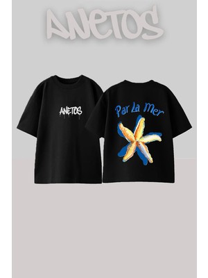 Anetos Starfish Par Tasarım Sırt Baskılı Pamuk Siyah Oversize T-Shirt