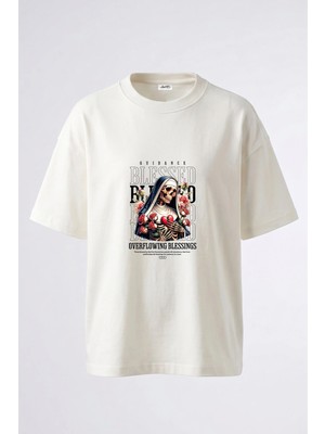 Anetos Skeleton Nun Tasarım Sırt Baskılı Pamuk Beyaz Oversize T-Shirt