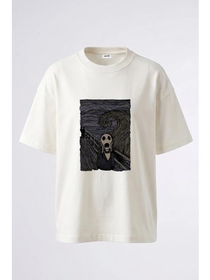 Anetos Skellington Scream Tasarım Sırt Baskılı Pamuk Beyaz Oversize T-Shirt