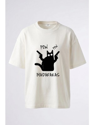 Anetos Pew Pew Kedi Tasarım Sırt Baskılı Pamuk Beyaz Oversize T-Shirt
