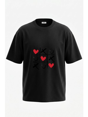 Anetos Xoxo Hearts Tasarım Sırt Baskılı Pamuk Siyah Oversize T-Shirt
