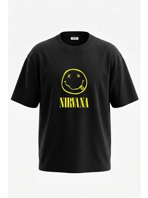 Anetos Nirvana Smiley_1 Tasarım Sırt Baskılı Pamuk Siyah Oversize T-Shirt