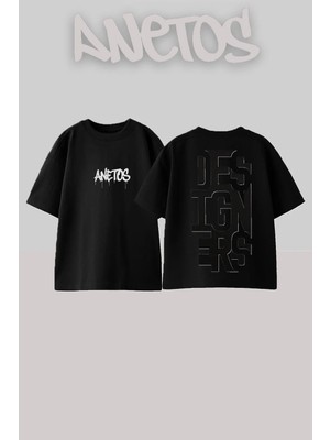 Anetos Designers Typography Tasarım Sırt Baskılı Pamuk Siyah Oversize T-Shirt