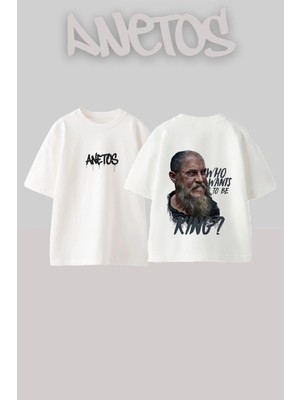 Anetos Ragnar Lothbrok 7 Tasarım Sırt Baskılı Pamuk Beyaz Oversize T-Shirt