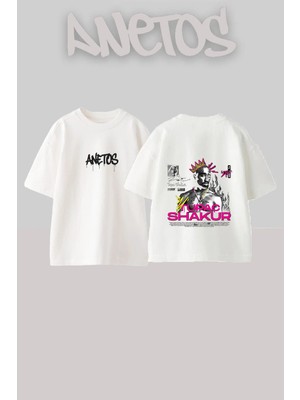 Anetos Tupac Shakur 1 Tasarım Sırt Baskılı Pamuk Beyaz Oversize T-Shirt