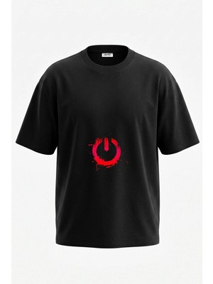 Anetos Power Symbol Tasarım Sırt Baskılı Pamuk Siyah Oversize T-Shirt
