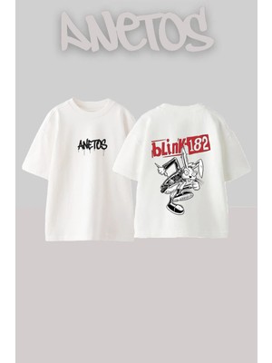 Anetos Blink 182 1 Tasarım Sırt Baskılı Pamuk Beyaz Oversize T-Shirt