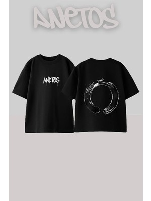 Anetos Zen Circle Tasarım Sırt Baskılı Pamuk Siyah Oversize T-Shirt