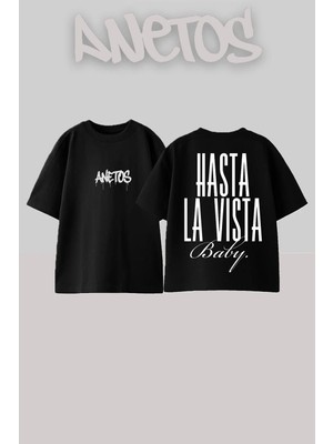Anetos Hasta La Tasarım Sırt Baskılı Pamuk Siyah Oversize T-Shirt