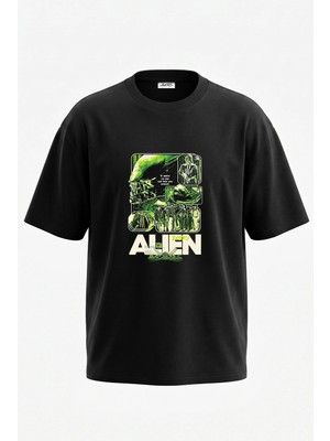 Anetos Alien Xenomorph Tasarım Sırt Baskılı Pamuk Siyah Oversize T-Shirt