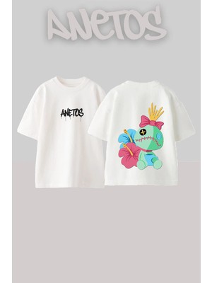 Anetos Lilo Scrump Tasarım Sırt Baskılı Pamuk Beyaz Oversize T-Shirt