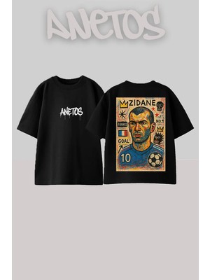 Anetos Zidane Soccer Tasarım Sırt Baskılı Pamuk Siyah Oversize T-Shirt
