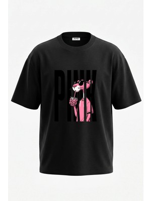 Anetos Pink Panther Boba Tasarım Sırt Baskılı Pamuk Siyah Oversize T-Shirt