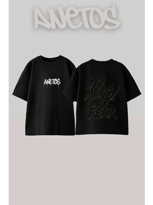Anetos No Mercy Tasarım Sırt Baskılı Pamuk Siyah Oversize T-Shirt