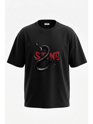 Anetos Snake Sting Tasarım Sırt Baskılı Pamuk Siyah Oversize T-Shirt