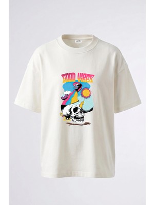 Anetos Skull Mouth Tasarım Sırt Baskılı Pamuk Beyaz Oversize T-Shirt