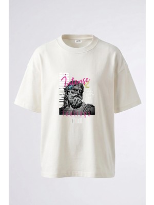 Anetos Zeus Vaporwave Tasarım Sırt Baskılı Pamuk Beyaz Oversize T-Shirt