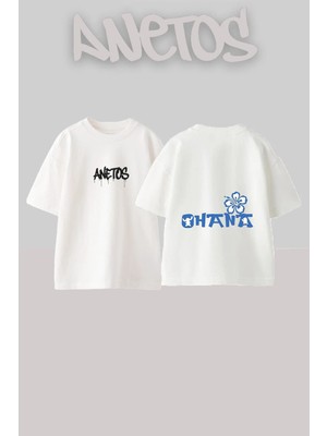 Anetos Ohana Stitch Tasarım Sırt Baskılı Pamuk Beyaz Oversize T-Shirt