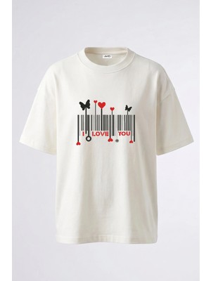 Anetos I Love You Barkod Tasarım Sırt Baskılı Pamuk Beyaz Oversize T-Shirt