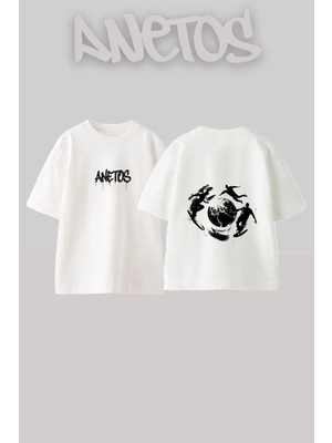 Anetos Earth Surfers Tasarım Sırt Baskılı Pamuk Beyaz Oversize T-Shirt