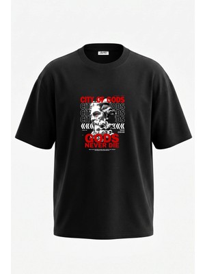 Anetos Zeus Bust Tasarım Sırt Baskılı Pamuk Siyah Oversize T-Shirt