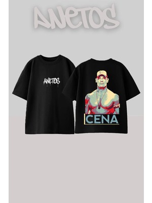 Anetos John Cena Tasarım Sırt Baskılı Pamuk Siyah Oversize T-Shirt