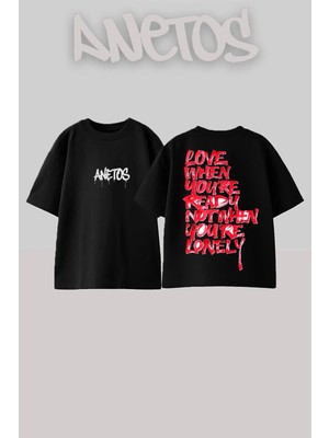 Anetos Love Quote Tasarım Sırt Baskılı Pamuk Siyah Oversize T-Shirt