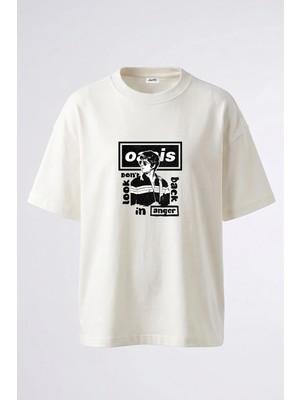 Anetos Oasis Noel Gallagher Tasarım Sırt Baskılı Pamuk Beyaz Oversize T-Shirt