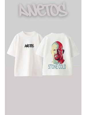 Anetos Stone Cold Tasarım Sırt Baskılı Pamuk Beyaz Oversize T-Shirt