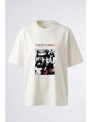 Anetos Itachi Uchiha Tasarım Sırt Baskılı Pamuk Beyaz Oversize T-Shirt