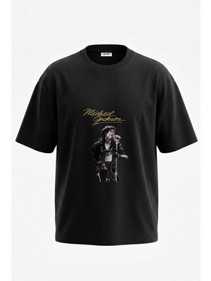 Anetos Michael Jackson_9 Tasarım Sırt Baskılı Pamuk Siyah Oversize T-Shirt