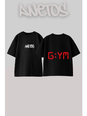 Anetos Red Letters Tasarım Sırt Baskılı Pamuk Siyah Oversize T-Shirt