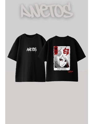 Anetos Konan Angel Tasarım Sırt Baskılı Pamuk Siyah Oversize T-Shirt