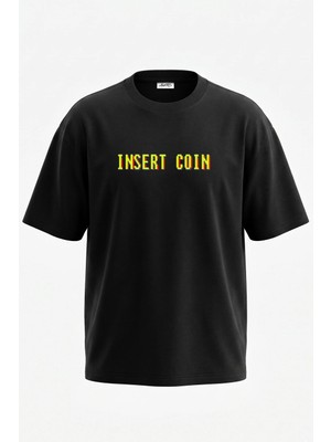 Anetos Insert Coin Tasarım Sırt Baskılı Pamuk Siyah Oversize T-Shirt