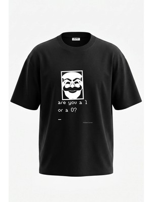 Anetos Anonymous Mask Tasarım Sırt Baskılı Pamuk Siyah Oversize T-Shirt