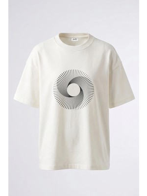 Anetos Optik Iluzon Tasarım Sırt Baskılı Pamuk Beyaz Oversize T-Shirt