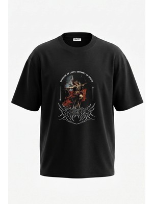 Anetos Archangel Michael Tasarım Sırt Baskılı Pamuk Siyah Oversize T-Shirt
