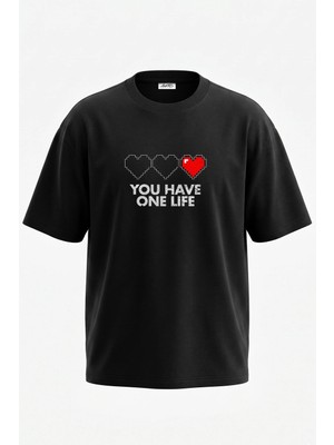 Anetos Pixel Heart Tasarım Sırt Baskılı Pamuk Siyah Oversize T-Shirt