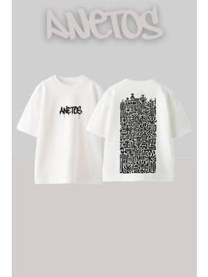 Anetos Tribal Art Tasarım Sırt Baskılı Pamuk Beyaz Oversize T-Shirt