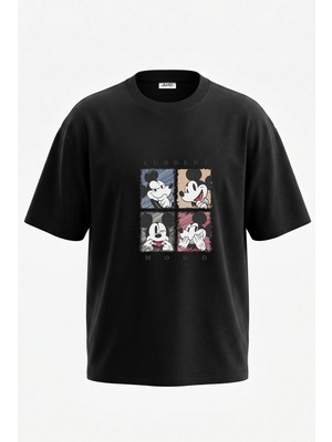 Anetos Mickey Mouse Tasarım Sırt Baskılı Pamuk Siyah Oversize T-Shirt
